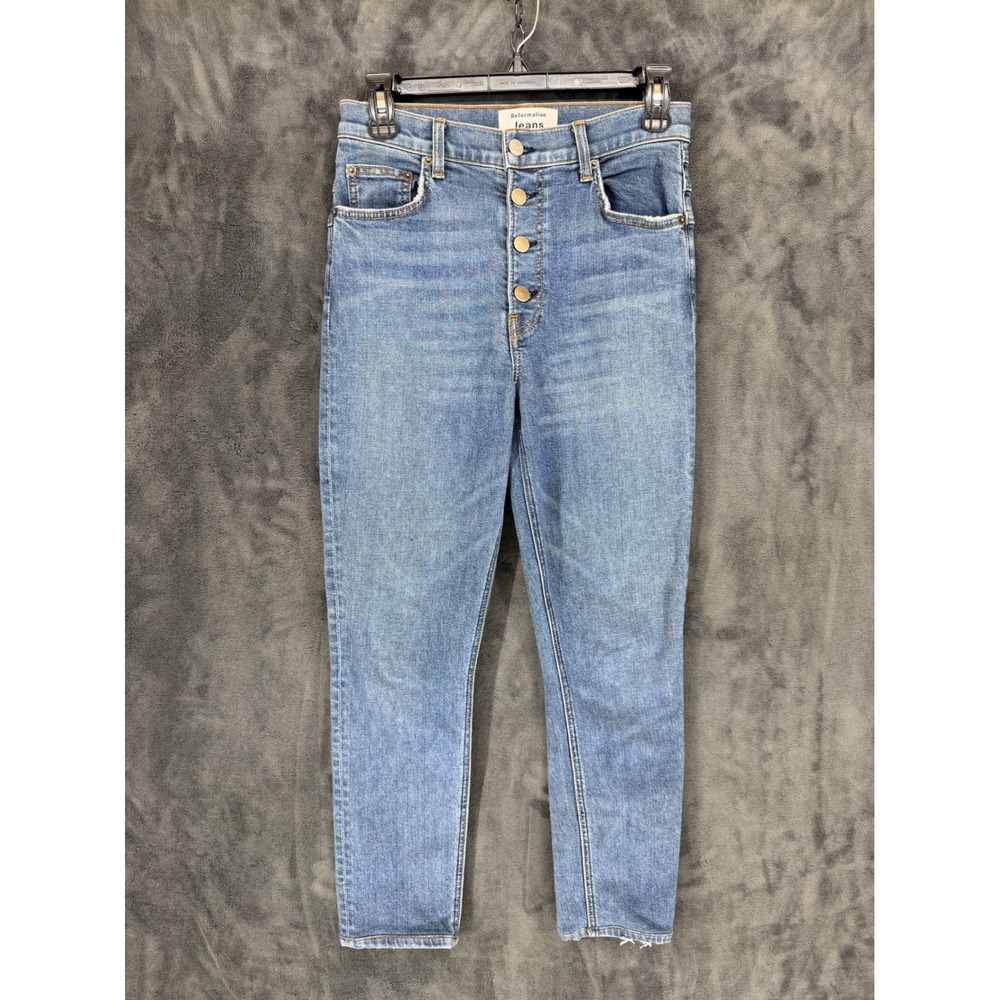 Reformation Cory High & Skinny Jeans Rhine Blue Button‎ Fly Raw Hem Size 27